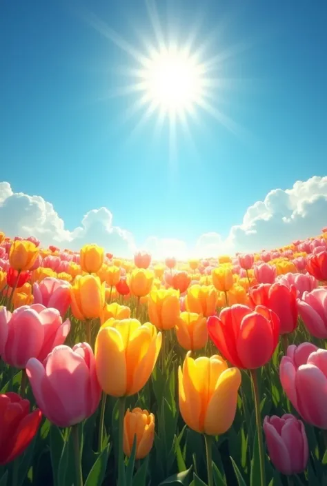 Colorful tulips bloom under a brilliant sun, casting vibrant hues against a deep blue sky in a lush field.
Amidst a vivid display of nature, vibrant tulips of yellow, pink, and red stretch towards a dazzling sun. Their petals, illuminated by the sunlight, ...