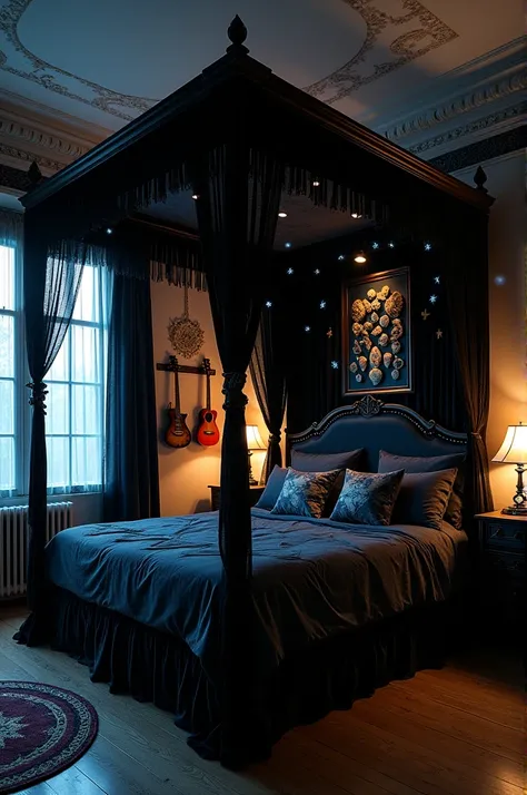  large room reflected a unique mix of dark aesthetics and delicate touches.
 The closet doors were covered with holographic stickers of Sea Animals and Flowers,  wall adding a touch of Whimsy in the Dark .  The centerpiece was her four-poster bed ,  covere...