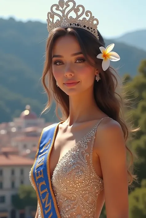 Miss Universe Andorra, Photoshoot, Wearing Sparkling Crown, Wearing "Miss Universe" Sash, Wearing a Gown Realistic, Ultra HD, Highlt Detailed, Detailed Face, Detailed Hair, Detailed Skin, Flower in Ear, Andorra City as an Background
