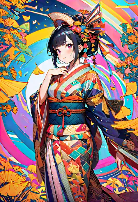 {worst quality, low-quality}, A vibrant and colorful illustration of an anime-style female geisha character with black hair, She wears a traditional Japanese costume decorated with ginkgo, and the background is full of colorful patterns represents the flow...