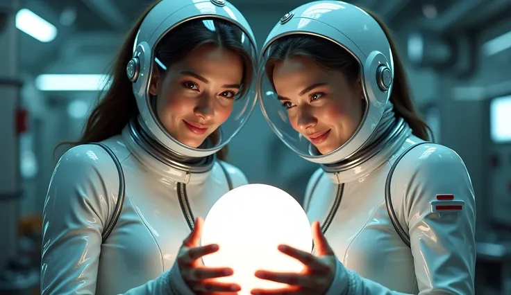 A pair of women in sleek space suits smiling as they examine a floating, glowing sphere aboard a retro-futuristic lab. The overall style is glossy, with vibrant highlights and smooth textures, creating a high-shine, polished aesthetic reminiscent of retro-...