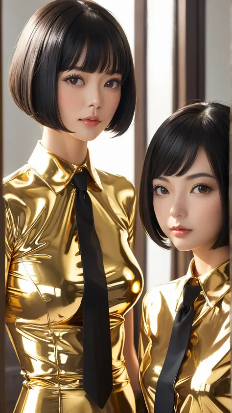  Mom and daughter , in extremely tight shiny golden latex blouse buttoned,  high resolution ,  masterpiece,  black hair, Lens reflection, Reflected light, portrait, Necktie, bob cut