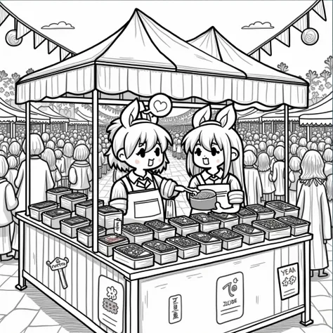 buddies food festival. A food stall offering unique bento ideas, festival decorations, and people walking in the background. line art, black outline, coloring book page, enough space to color