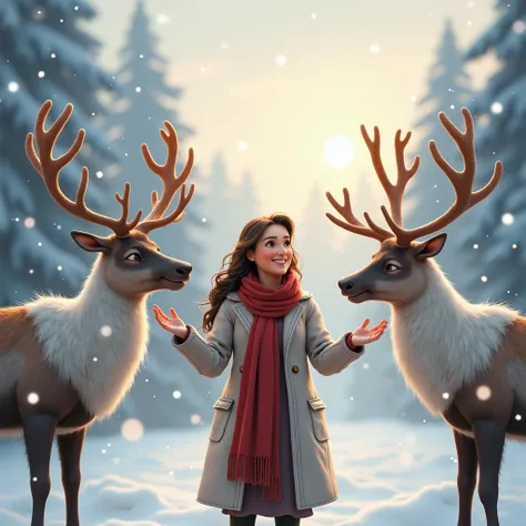 "A cheerful woman speaking to reindeer, with the animals nodding in understanding under a snowy sky."