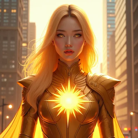   make a Korean-looking heroine in New York ,  in a hero costume that has to do with sun and armor,  with the eyes shining in a golden color , And the big blond hair  