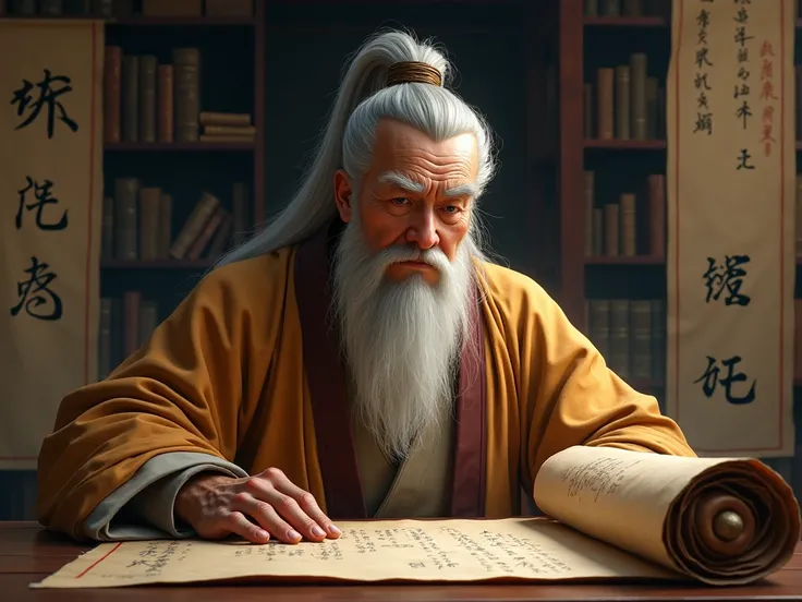 Realistic image of the Thinker Confucius with several scrolls