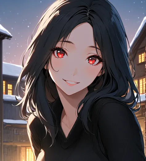 masterpiece,1 woman,Alone,  waist-length hair,  watching viewers,  red eyes,  with a broken jaw,  black hair, black knit neck polar, house background, A languid atmosphere, Smiling, middle age,  without bangs , Turn over the bangs