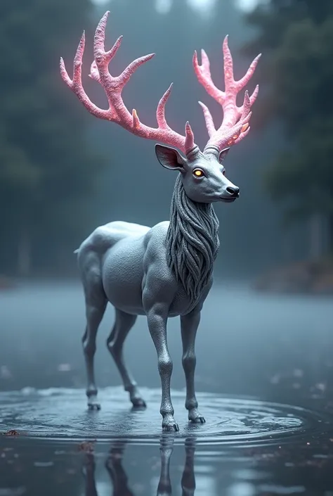 Create a silver deer with silver horns with large structures that would have mystical and prophetic designs and at the tip of its horns would have small pink flames, it would walk on the crystalline lake, its eyes would shine brightly like a star 