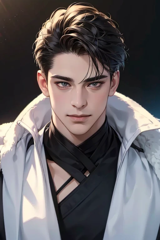 (best quality,4k,8k,highres,masterpiece:1.2),ultra-detailed,(realistic,photorealistic,photo-realistic:1.37),30 year old man,3 day beard,handsome anime,portraits,strong,masculine,dark hair,sharp jawline,mesmerizing eyes,perfectly styled hair,cool anime outf...