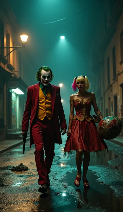  In the oppressive darkness of Gotham ,  Joaquin Phoenixs Joker and Lady Gagas Harlequin advance down the deserted street ,  forming a duo who exudes chaos and intensity . The Joker,  with his blood-red jacket ,  collect mustard and green shirt ,  holds an...