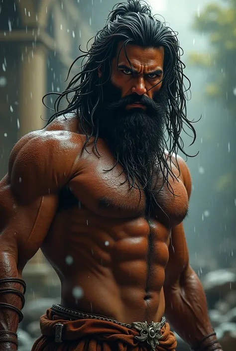 (Professional 3D renThering:1.3) The (Realistic:1.3) Foto The arte mais bonita do mundo，Features soft, bright male heroes, ((Epic hero fantasy rough muscular lord Hanuman wet hero angry look long hair short beard and fierce expression in dynamic pose, fant...