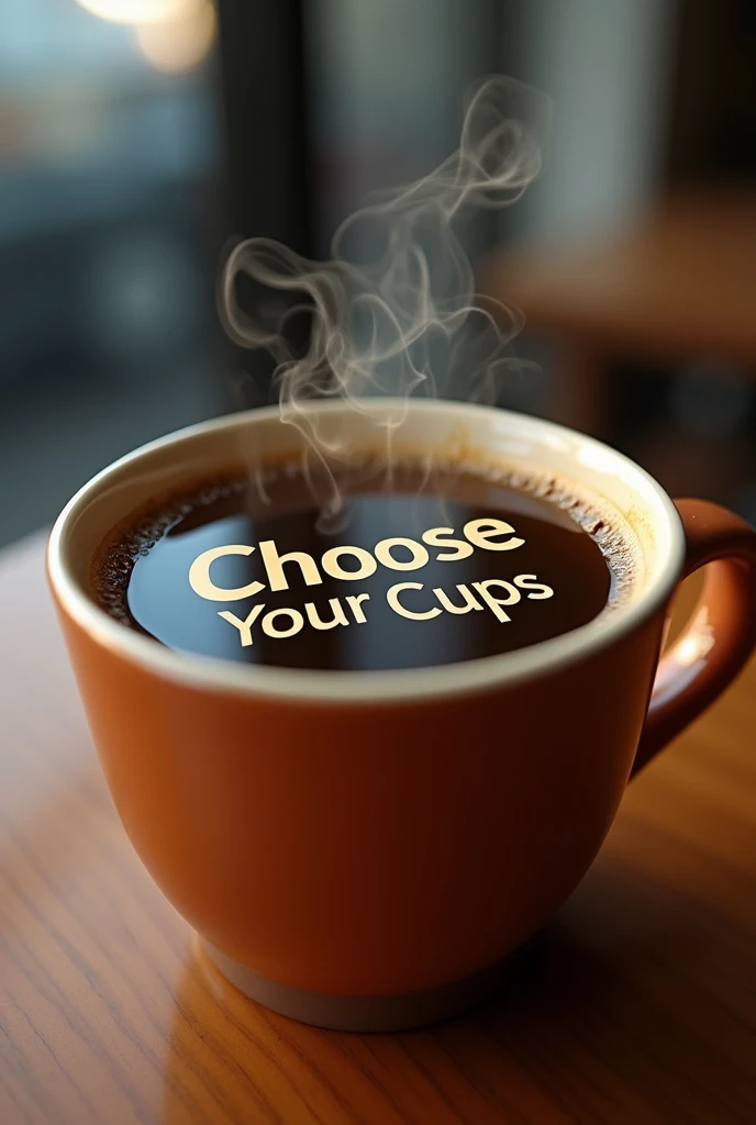 Close-up of a cup of coffee with the reflection of a sign with the words choose your cups