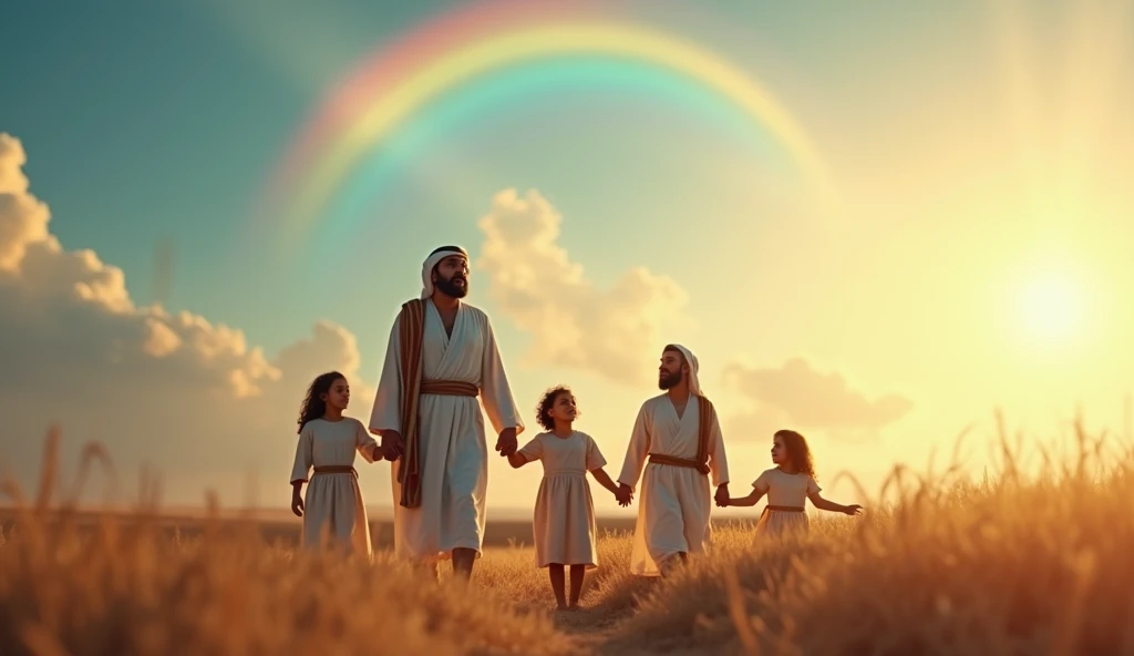 A 40-something Middle Eastern man from Biblical times stands next to his family, holding hands with his sons and daughters, as he looks up; a rainbow curves across the sky, symbolizing divine grace and photorealistic restoration, soft lighting, vibrant col...