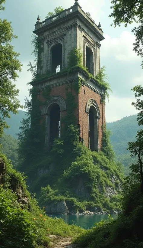 A tall, crumbling tower (based on Tesla’s Wardenclyffe Tower) surrounded by overgrown vegetation.