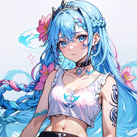 Female, ((SILVER TIARA)), Teal Eyes, (((CURLY BLUE HAIR MIXED BRAIDED PINK HAIR WITH FLOWERS IN HAIR))), Crescent Moon Tattoos, ((RUNE TATTOOS)), Neck Tattoos, Chest Tattoos, Stomach Tattoos, (((LONG WHITE SLEEVELESS SHIRT))), Pants,