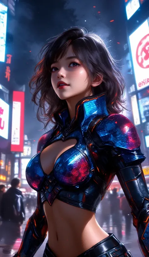 Full body portrait cute of beautiful slender Young Japanese girl, Realistic skin texture, Moderate mole, head tilt, broad smile, one eye closed, open mouth wide, midriff, beautiful sci - fi armored, Tactical Bodysuit, Holding a gun at a shibuya intersectio...