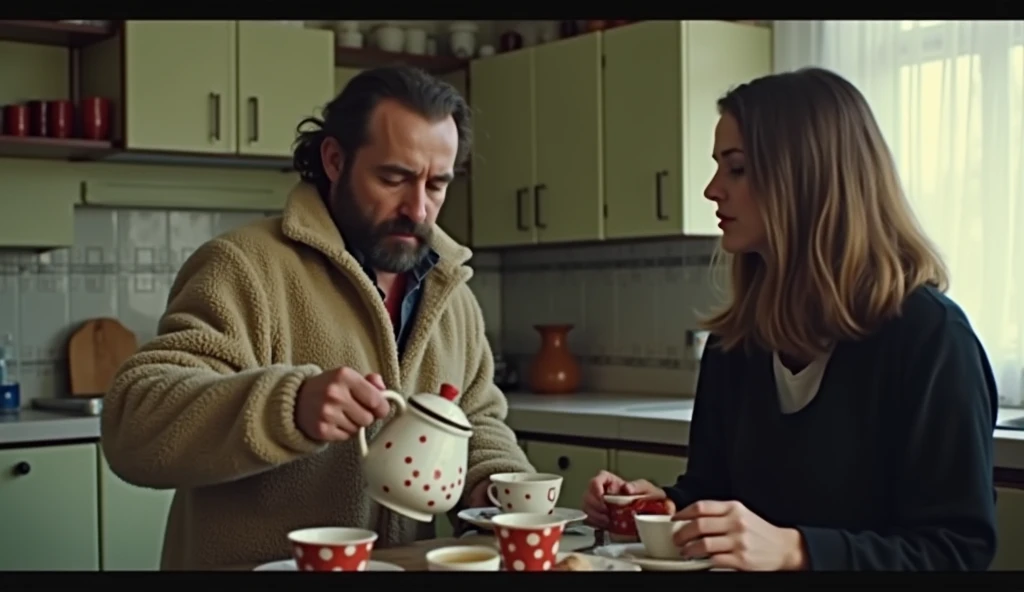  guy with a beard in a fleece jacket is drinking tea in the Soviet kitchen,  teapot from the , red polka dot , pours tea ,  poor kitchen renovation Soviet , his girlfriend cant be seen next to her, она вся в черном волосы средней длины русская retrocam uss...