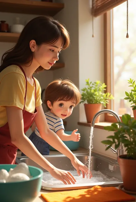 a woman between 28 and 35 years old washing dishes and the ren running after her 