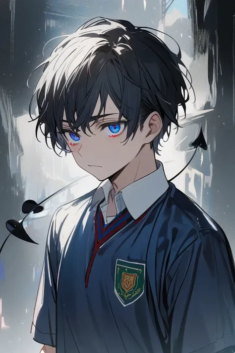  Boy with black hair short hair,  with a red eye and a blue eye ,wearing school sports uniform  ,With black demon tail, Alone