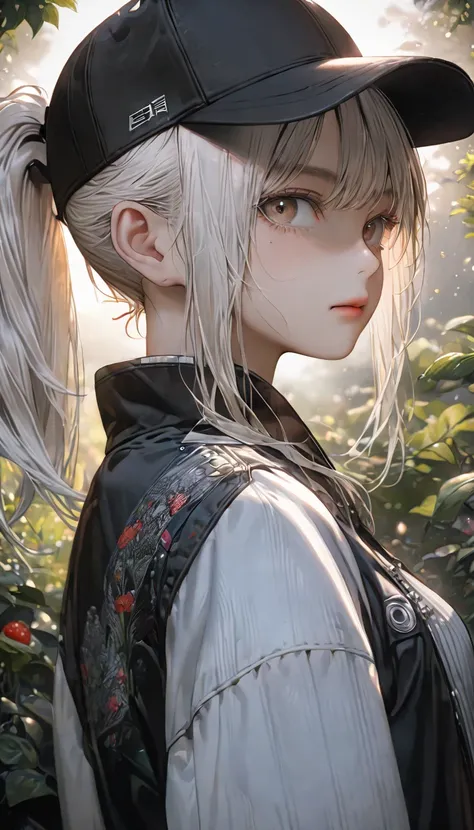 , a girl ,  Terry Bogard Girl , Silver Blonde , Ponytail,  brown eyes, Black baseball cap, Eyes Focus, Korean Jackets,Beautiful garden background  (8k), ( top quality ), ( masterpiece:1.2), ( Lots of detail ), (Fine grain:1.2), ( detailed face:1.2), ( Real...