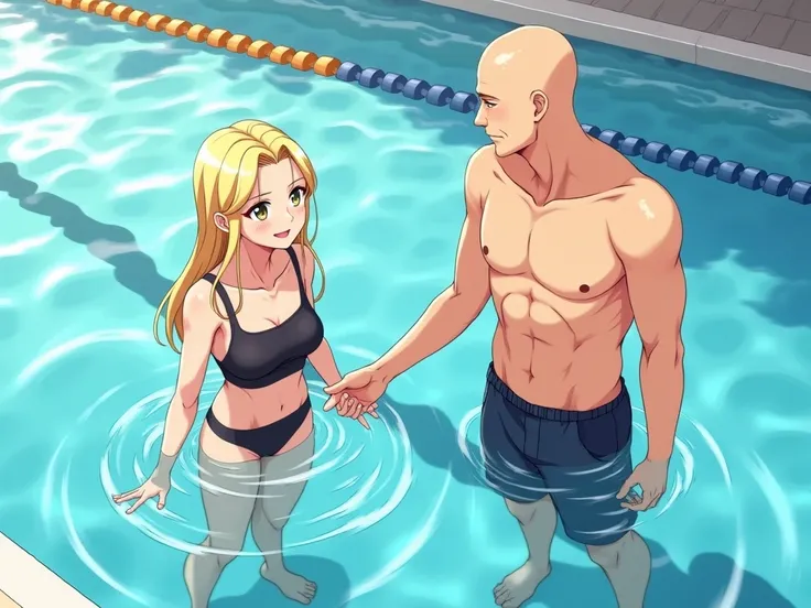  a bald men teacher (39 years old, complete swimming clothes camiseta y pantaloneta) giving a swimming lesson for ren under 1 20 year old woman,  High resolution, blonde hair,  long hair ,  Big breasts,  marked abdomen , Amber eyes,  half-closed eyes, happ...