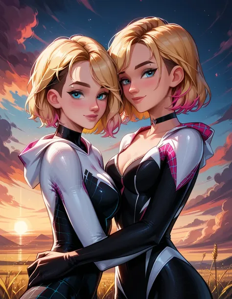 score_9, score_8_up, score_7_up, score_6_up, rating_questionable, 2girls, beautiful waifu, duo, couple, (short hair Gwen Stacy, blonde, colorful highlights, black choker:1.4), wearing (Spidergwen suit:1.5), confident, seductive, elegant, glamorous, sexy po...