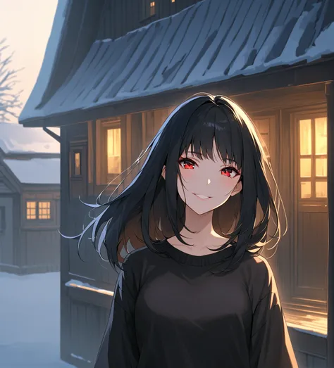 masterpiece,1 woman,Alone,  waist-length hair,  watching viewers,  red eyes,  with a broken jaw,  black hair, black knit neck polar, house background, A languid atmosphere, Smiling, middle age,  without bangs , Turn over the bangs