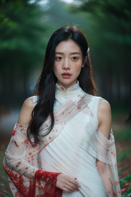 a spooky ghost of a woman in a haunted forest, dethereal, misty, glowing, flowing white dress, long black hair, very white veiny skin, extremely detailed face, dark eyes, surrounded by wispy fog, night