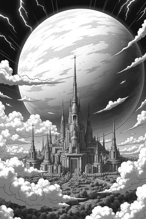 manga scene,  black and white image,  a planet seen from above with an advanced civilization,  with clouds and water vapor , thunder and onomatopoeia 