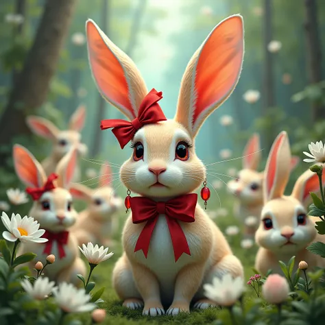  Generate a hare with a very large red ribbon on its head big ears and with red earrings and lips, surrounded by many hares in a garden of white flowers 