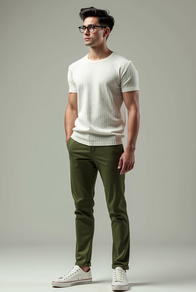  dark-haired man wearing glasses with white ribbed shirt, tight-fitting olive green pants and white sneakers 