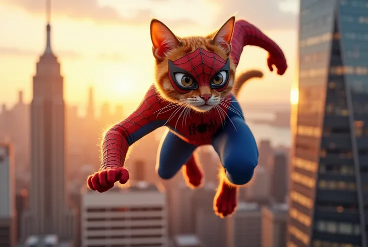 An orange cat wearing a Spider-Man costume jumps on a building.