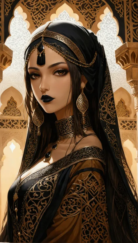 Santiago Caruso style , Mike Azevedo style ， one girl， hip hop style costumes ，high ponytail，Incredibly long hair ， Cowboy Shot ,, looks at the viewer  , Dominance, soft lighting, black Arabic lipstick, Islamic decoration, Islamic costume, Arab power
