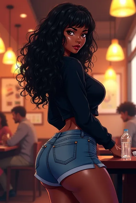 Black woman with long curly hair with bangs on her forehead. The woman has a perky butt ,  round breasts and a thin waist .  The woman is wearing a black sweatshirt and wearing a bold and short denim shorts, Exposing some of the butt pulp.  Image version i...