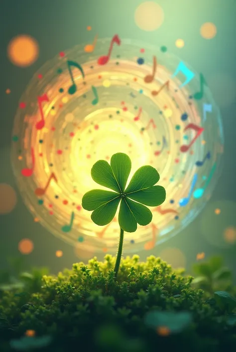 A four-leaf clover surrounded by colorful halo notes