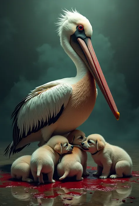 Pelican bleeding and feeding puppies pecking and bleeding with Masonic symbol 
