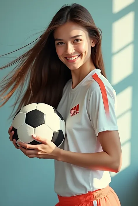 Prompt : A pretty girl with a soccer ball is advertising to come and play on 1xbet.
