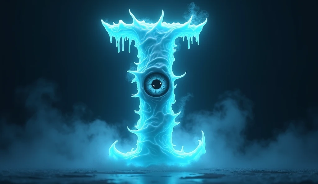 A glowing and spooky letter I, wrapped in glowing blue mist, with a single large eye at the center and sharp icicle-like edges