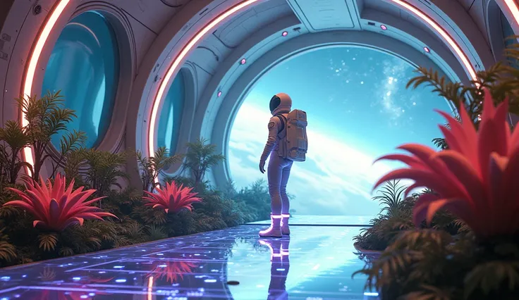 A female astronaut standing in a cosmic garden aboard a spaceship, her futuristic boots glowing softly on the glass floor. The overall style is glossy, with vibrant highlights and smooth textures, creating a high-shine, polished aesthetic reminiscent of re...