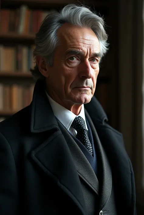 Man in a Sherlock-style suit but without a hat has gray hair but he looks at you with a not so alert eyebrow but you see that inside the house there are shelves with worn-out books,Dense air is not old the person 