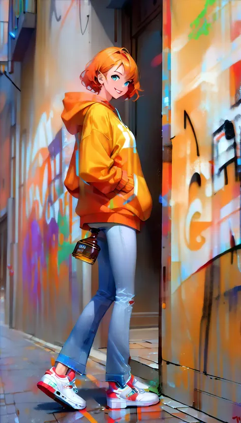  beautiful girl with orange hair and short hair and active、 the girl has a very beautiful face 、 beautiful fine eyes and lips 、 wearing a chic colored hoodie 、smile、 the girl is walking cheerfully through the downtown streets 、 there are lots of graffiti o...