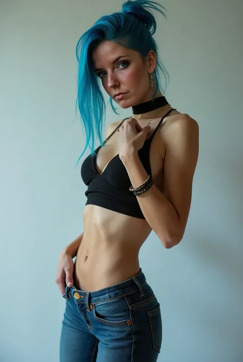 an extremely hot woman she is slim and works out . She has blue hair.  She makes a cool pose in front of the camera and she wears tight-fitting jeans and a tight top so that you can see her nipples