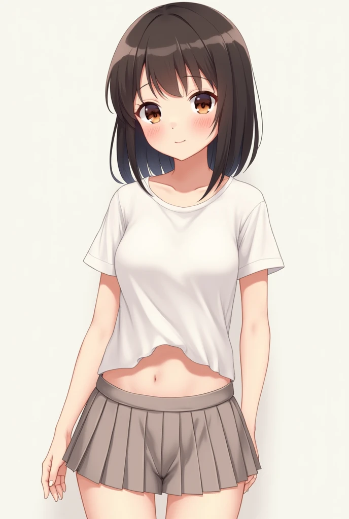 a anime girl with a white tshirt and no underwear and with a really small skirt