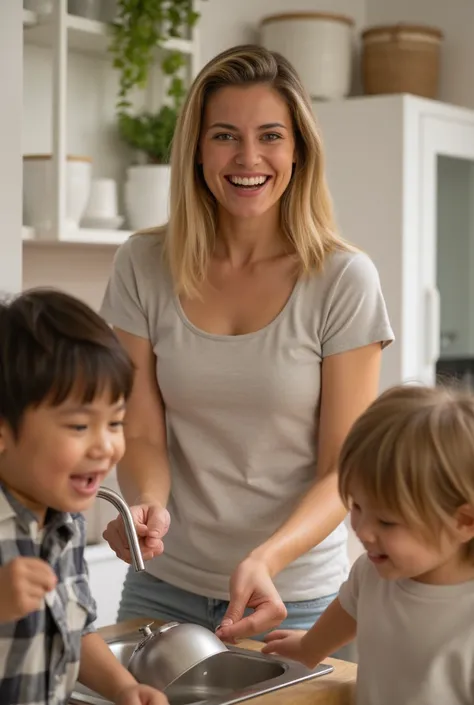  a picture of a 35-year-old woman washing dishes with a steel straw smiling, while her ren run after her playing  