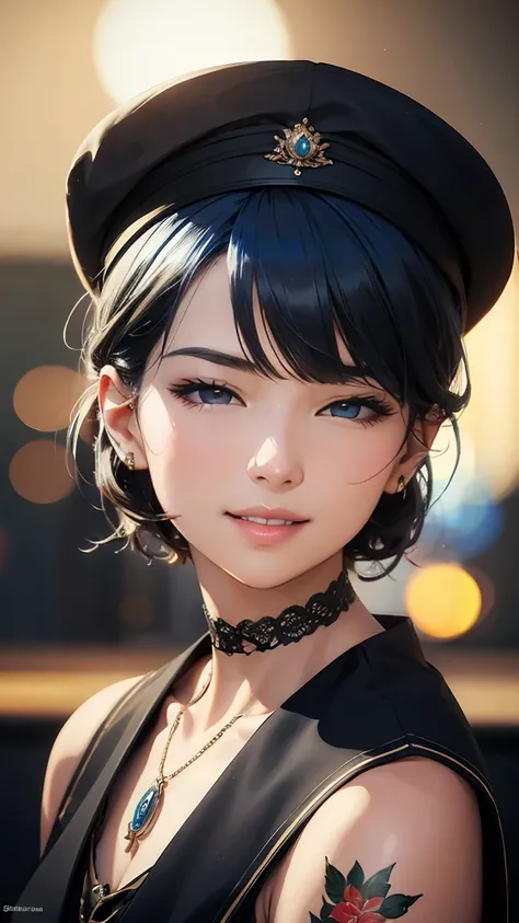 Masterpiece, best quality, high quality, very detailed CG uniform 8k wallpaper, 1girl, solo, blue hair, tattoo, short hair, hat, jewelry, smile, necklace, looking at the audience, hat, realistic, open mouth, teeth, upper body, vest, nose, bare shoulders, a...