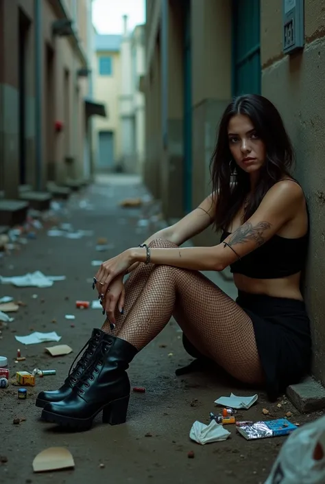 Full-body shot of a woman sitting on the dirty ground in a trash-filled alley, leaning against the wall of an old building. The alley is cluttered with trash: paper, bottles, empty bags, cigarette butts, and syringes. Next to the woman lie a piece of foil,...