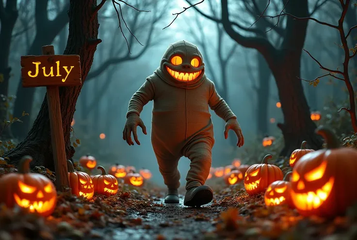 Oogie Boogie de taille humaine se promène dans le bois entouré de citrouilles d’Halloween. Il y a une pancarte avec le mot « July » dessus