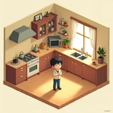 ( masterpiece : 1.2, very high quality,  Ultra-high resolution ,  super detailed), 8k, ( wallpaper), ( Best illustrations : 2.0), (Man alone in a kitchen thoughtful chibi: 2.0),Very simple design ), ( isometric illustration ) lofi, cozy,  studio Ghibli sty...