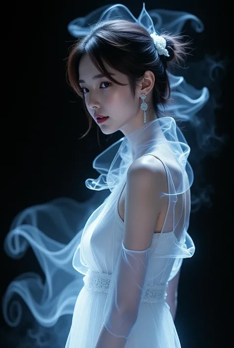 Hyper-detailed digital painting of an East-Asian model, depicted as an incorporeal ghost, surrounded by glowing fog that seamlessly blends into her clothing, making her attire appear as if it is dissolving into ethereal smoke. The model is framed against a...