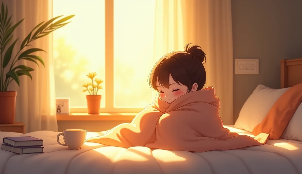 cute  waking in the morning, sitting with a blanket, sunshine through the window, 